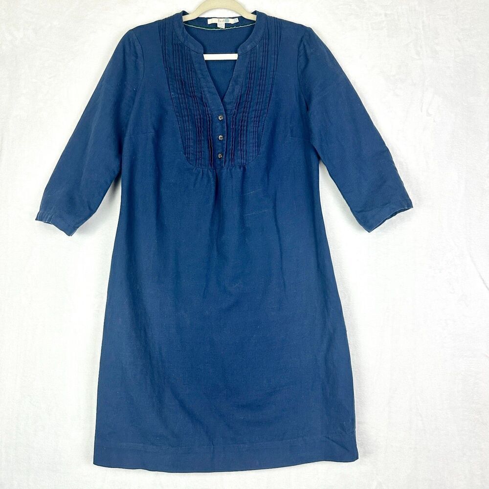 Boden Linen Cotton Dress Size 8L Long Navy Blue 3/4 Sleeve Pintuck Detail
